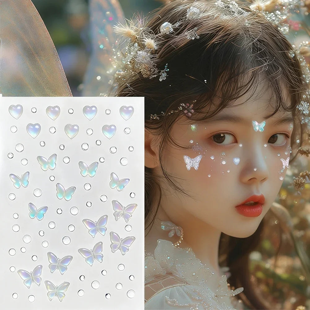 Crystal Rhinestone Butterfly Glitter Stickers Shining Aurora Pearl Shell for Children Stage Makeup Face Decoration