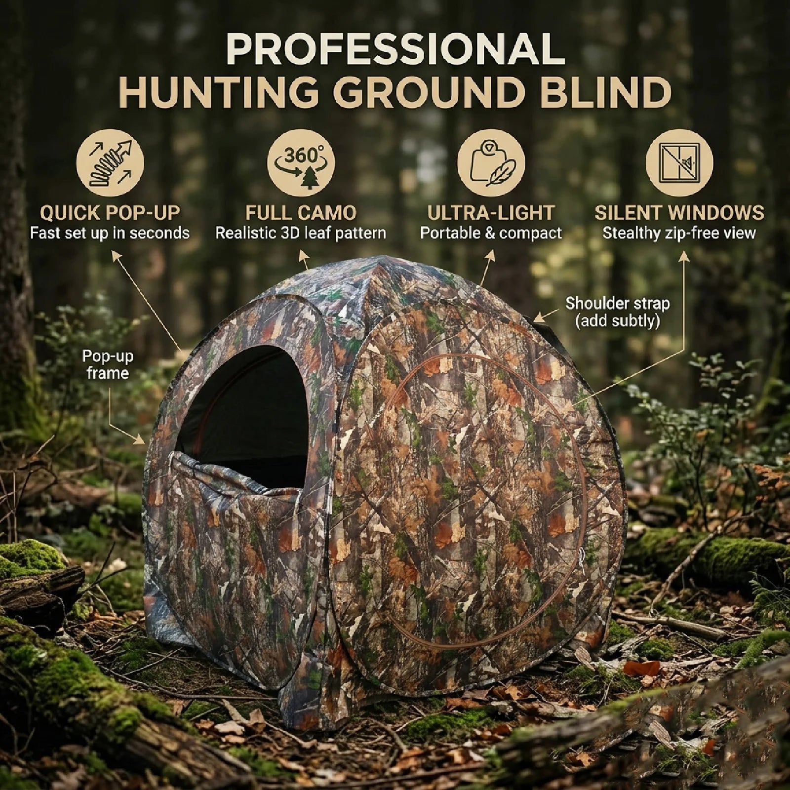 Camouflage Pop-Up Hunting Blind Ground Shelter - Easy Setup And Storage for Deer Turkey And Duck Hunting
