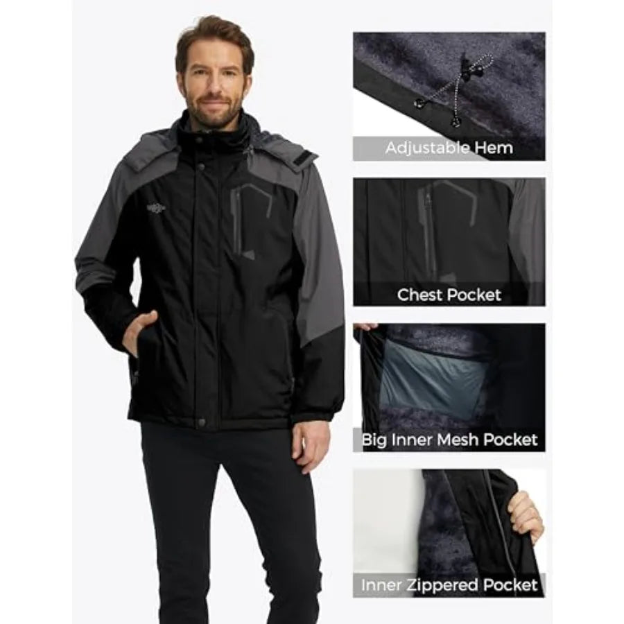 wantdo Men's Mountain Waterproof Ski Jacket Windproof Rain Jacket Winter Warm Hooded Coat
