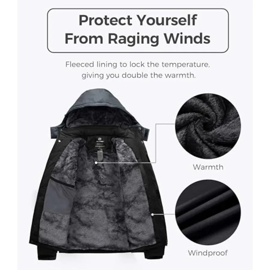 wantdo Men's Mountain Waterproof Ski Jacket Windproof Rain Jacket Winter Warm Hooded Coat